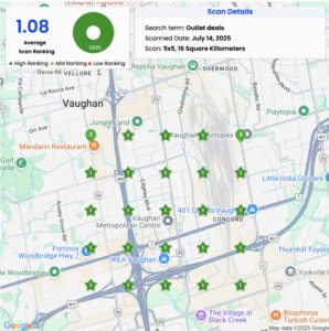 Map showing Google Maps rankings for "Outlet deals" in Vaughan, highlighting search visibility and local business positioning.