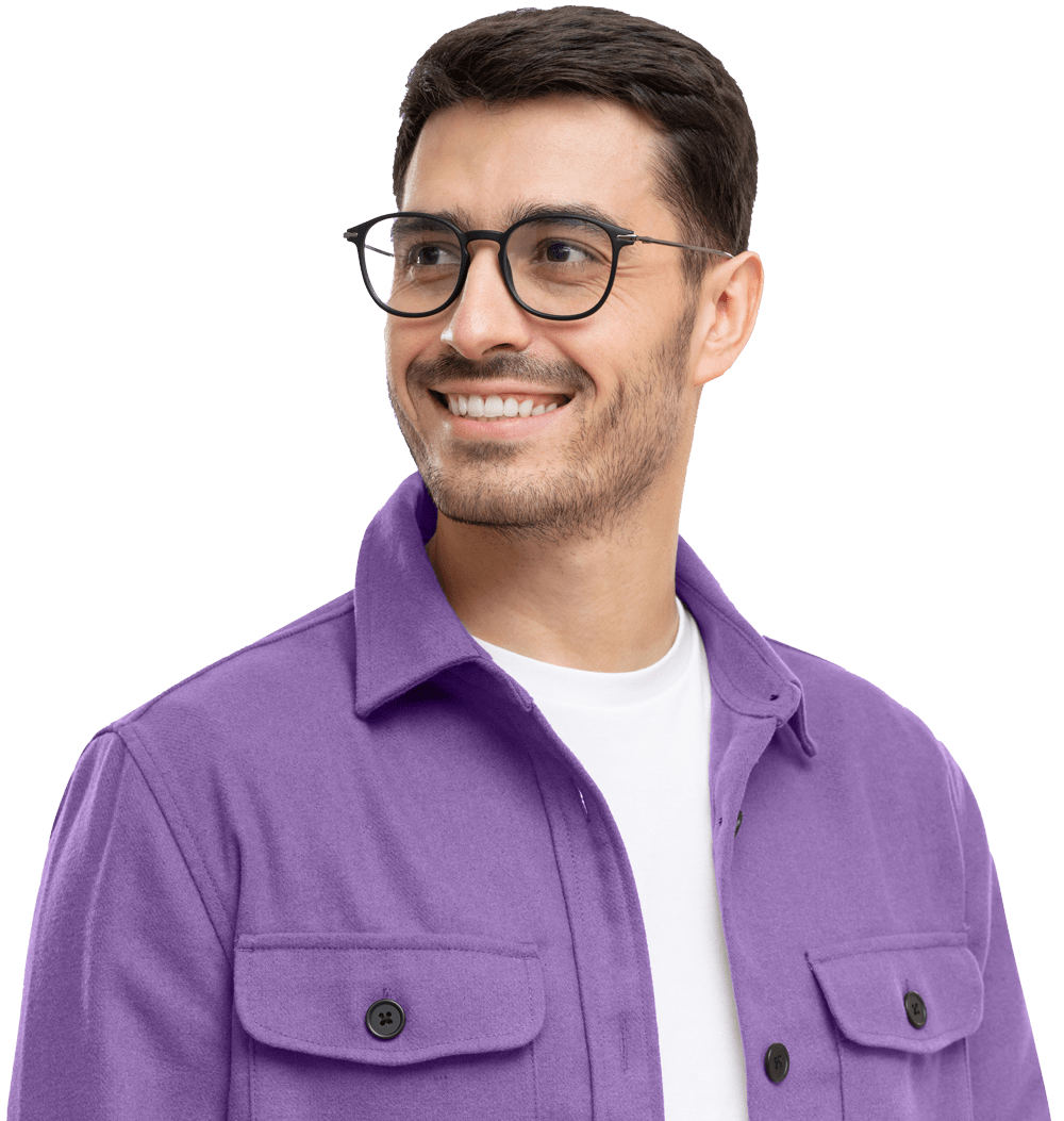 Young man with glasses smiling, wearing a purple jacket, representing a positive brand image for local SEO and chiropractic services.