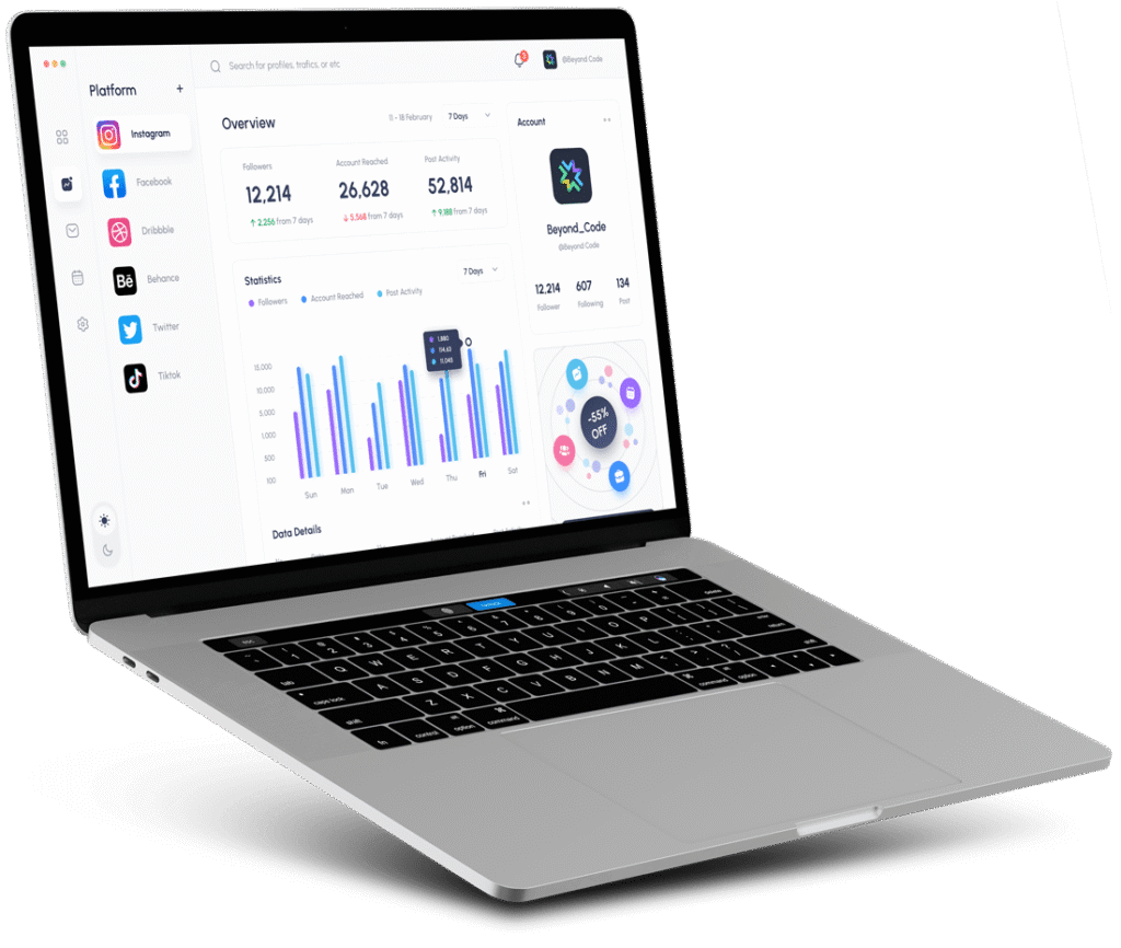 Laptop displaying social media analytics dashboard with statistics, follower counts, and engagement metrics for Instagram and other platforms.