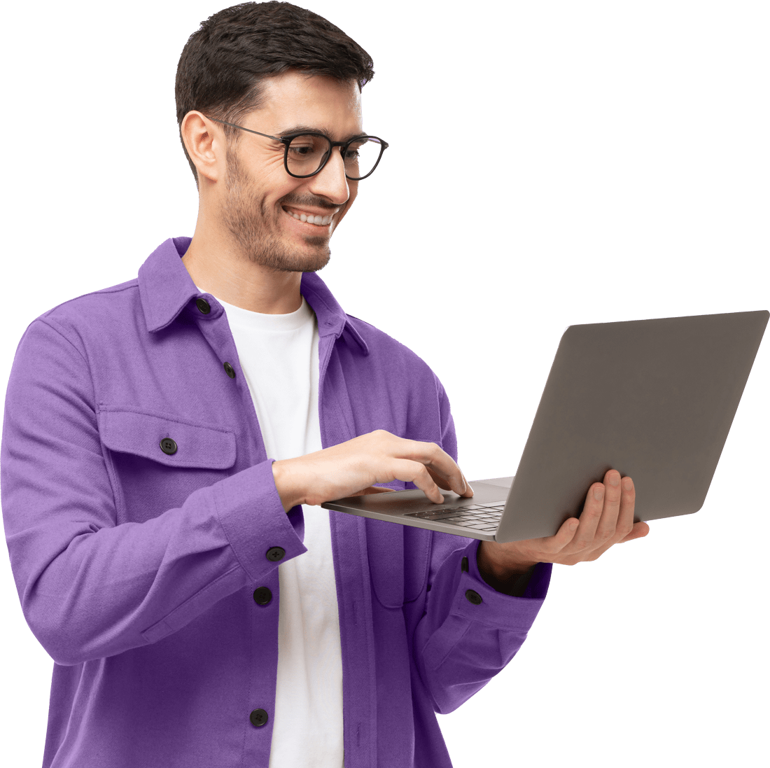 Man standing with opened laptop
